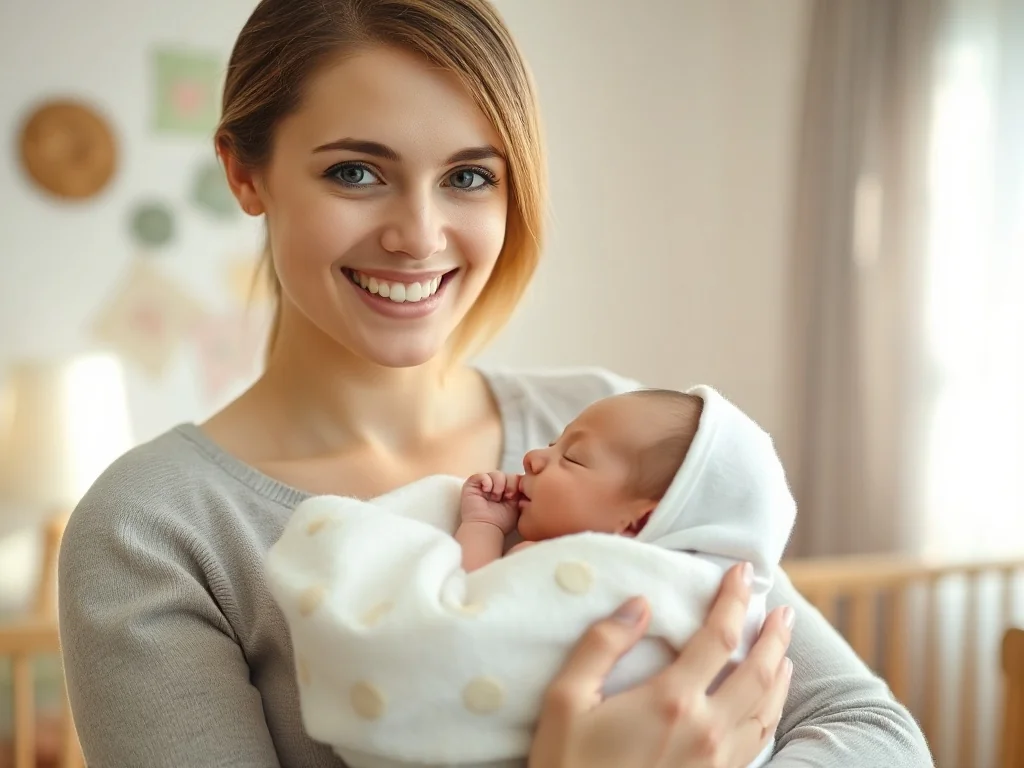 Szczęśliwa matka trzymająca w ramionach noworodka owiniętego w biały kocyk w przytulnym, słonecznym pokoju dziecięcym.