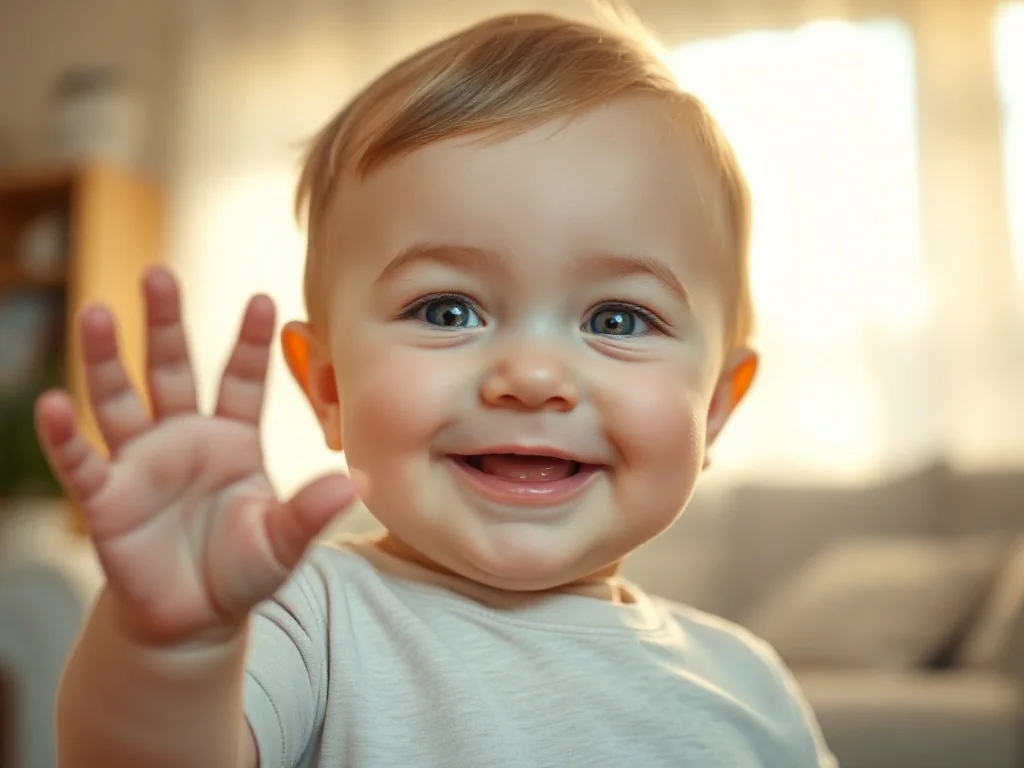 Uśmiechnięte niemowlę machające rączką na powitanie w przytulnym, słonecznym salonie.