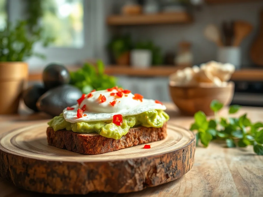 Tost z awokado i jajkiem w koszulce na rustykalnym talerzu, idealny jako propozycja na zdrowe i pożywne śniadanie.
