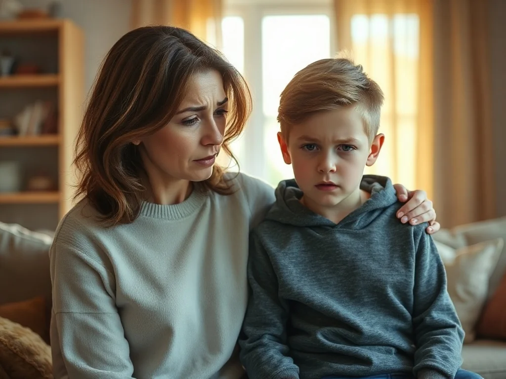 Zatroskana matka wspiera syna w przytulnym salonie, okazując mu zrozumienie i troskę w trudnej dla dziecka sytuacji.