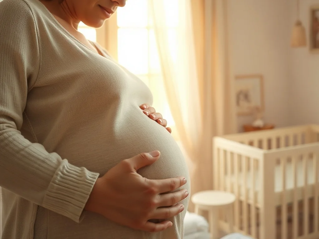 Ciężarna kobieta czule dotykająca swojego brzucha w przytulnym pokoju dziecięcym w świetle poranka.