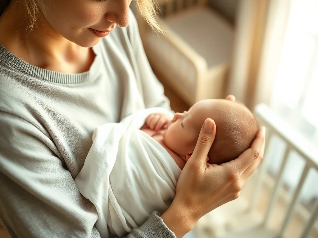 Kobieta delikatnie owija noworodka w miękki, biały rożek, zapewniając mu poczucie bezpieczeństwa i ciepła.